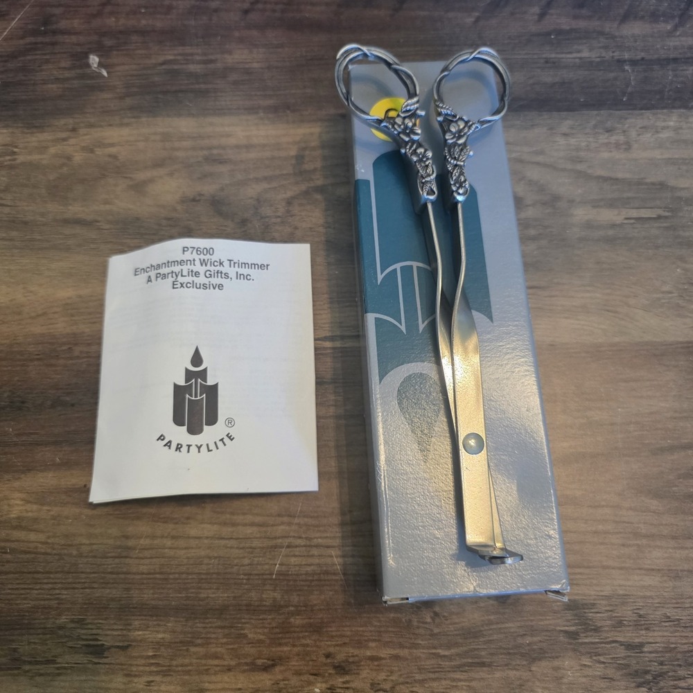 Vintage PartyLite Pewter Candle Wick Trimmer Scissors Ornate Curled Handle w/Box